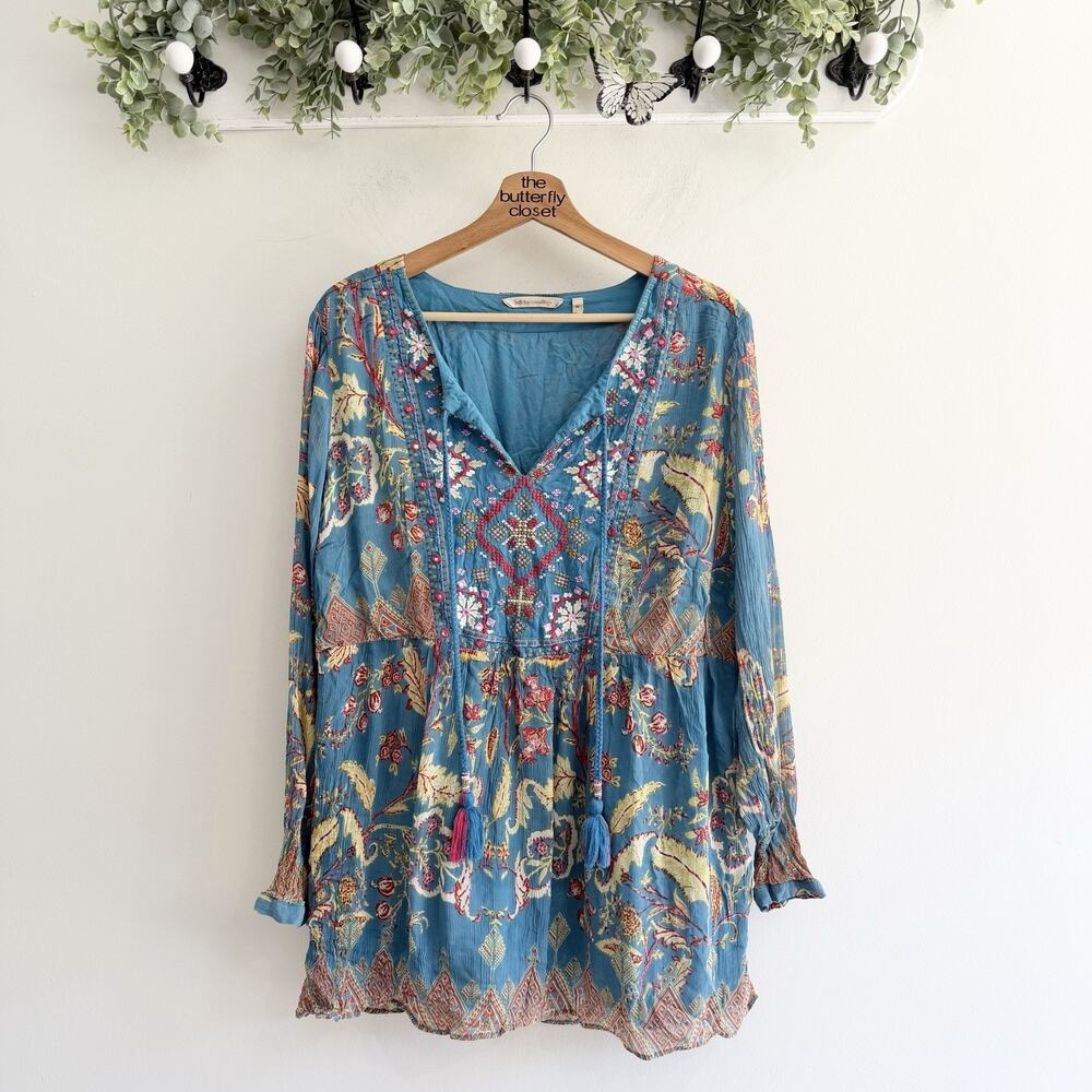 Soft Surroundings Mirapani Boho Tassel Embroidered Beaded Tunic Top Sz XL hh5876